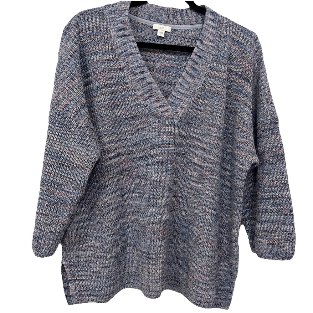 J. JILL Womens Oversized Cotton Sweater V-Neck 3/4 Sleeve Blue Multi Size L